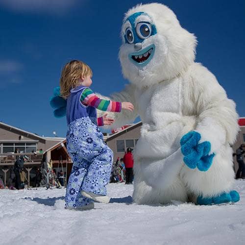 Eddy the Yeti meeting a friend at Sunday River